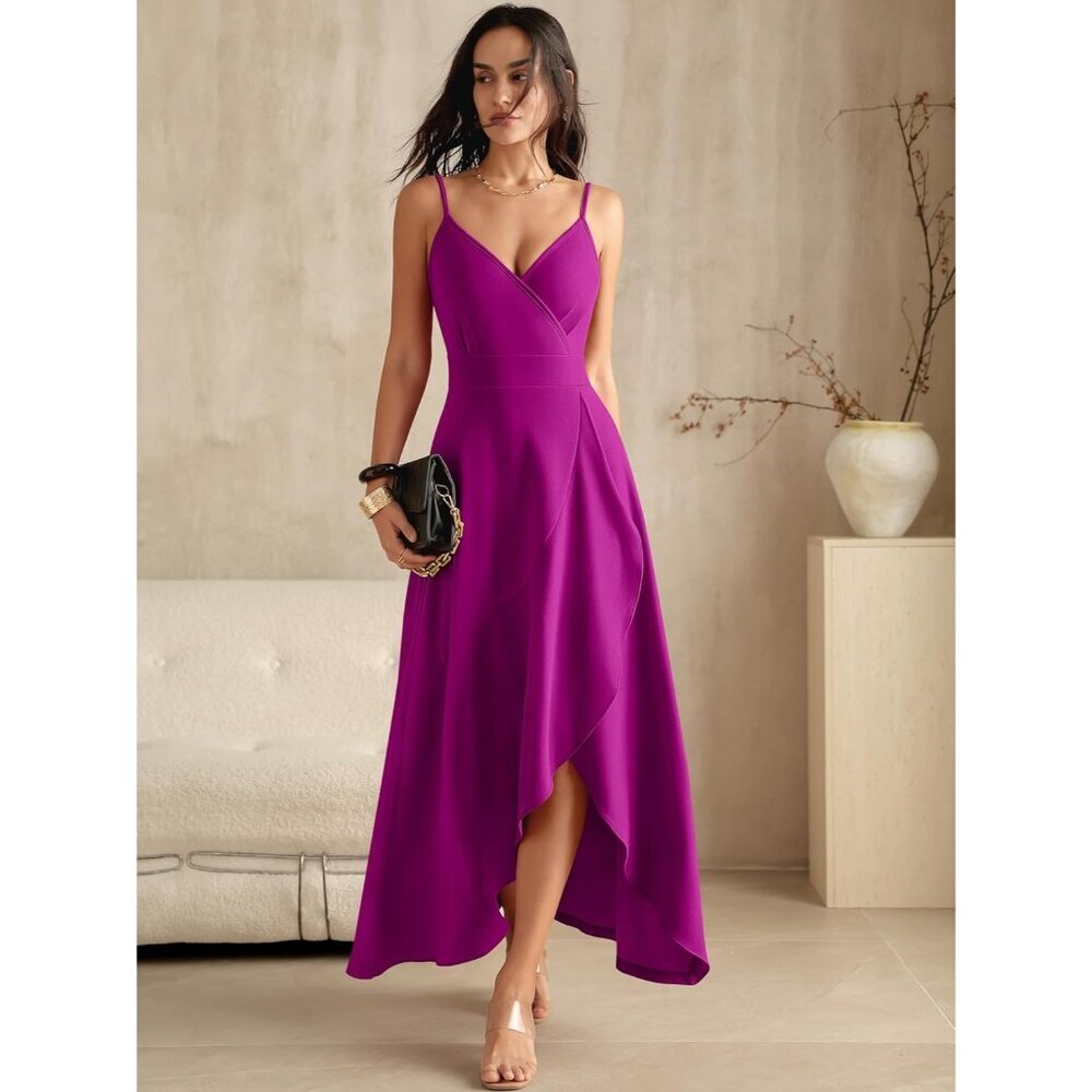 Women's Fuchsia Split V Neck Wrap Evening Party Cocktail Wedding Long Dress - Picture 5 of 7